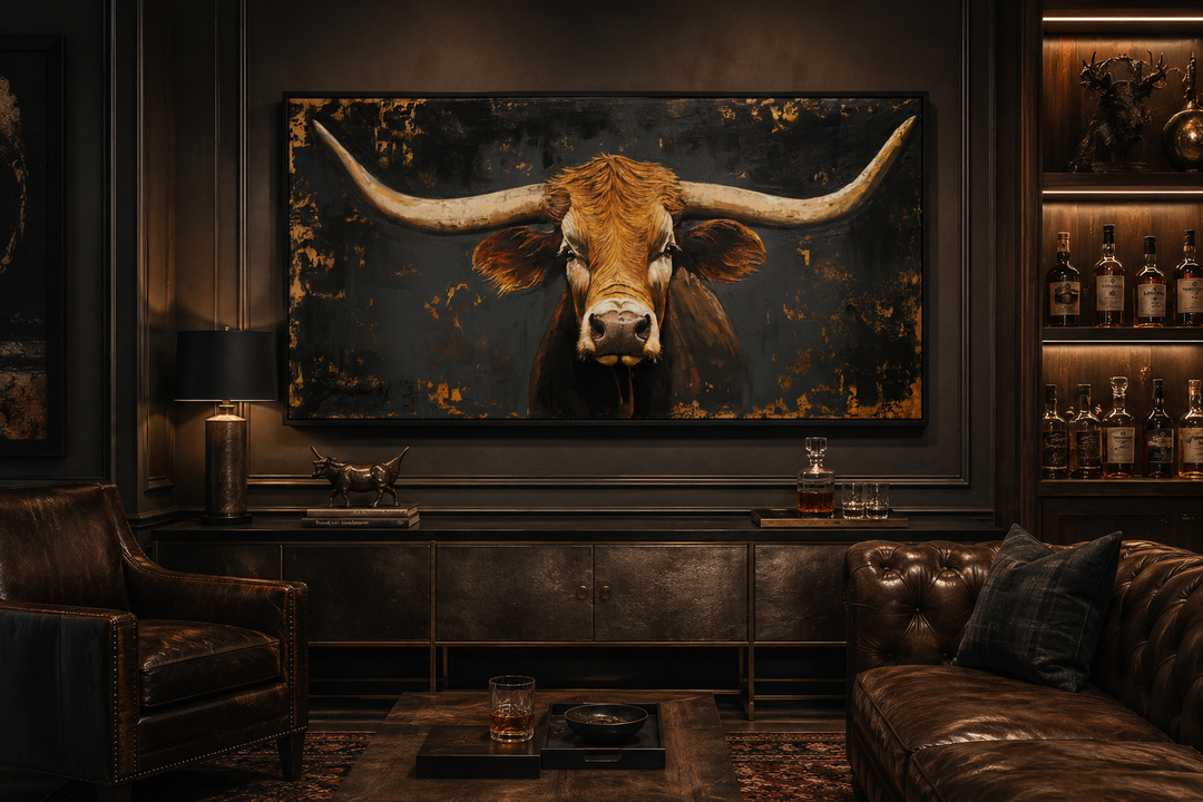 Extra large rustic Texas longhorn cow wall art framed in a dark, western-themed living room.