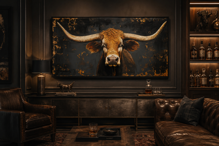 Extra large rustic Texas longhorn cow wall art framed in a dark, western-themed living room.