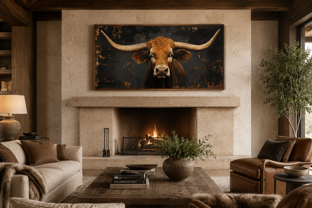 Extra large framed wall art of a Texas longhorn cow above a stone fireplace in a rustic living room.
