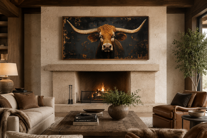 Extra large framed wall art of a Texas longhorn cow above a stone fireplace in a rustic living room.