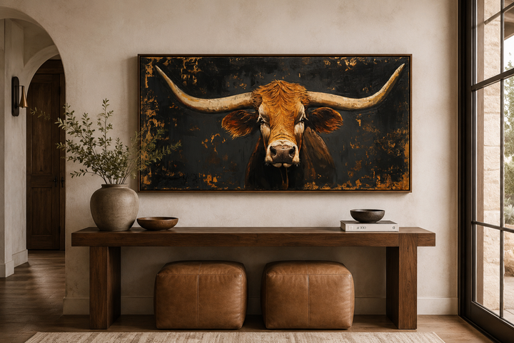 Extra large framed canvas art of a Texas longhorn cow on a dark background in a rustic living room.