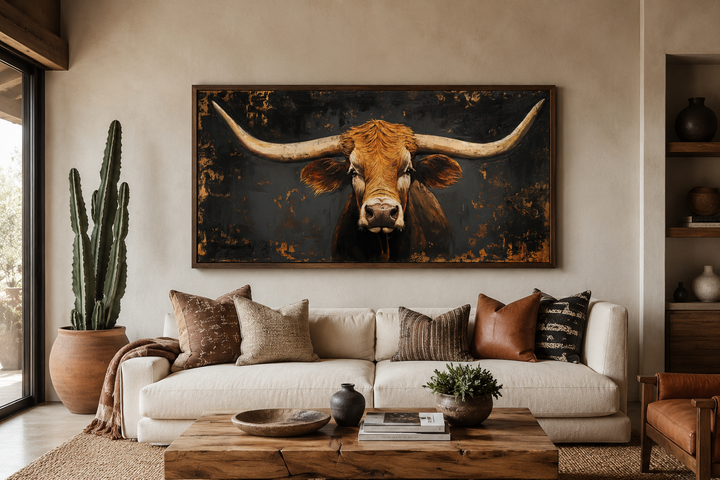 Extra large rustic Texas longhorn cow wall art framed above a cream sofa in a western living room.