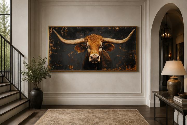 Extra large framed wall art of a Texas longhorn cow in a rustic farmhouse living room.