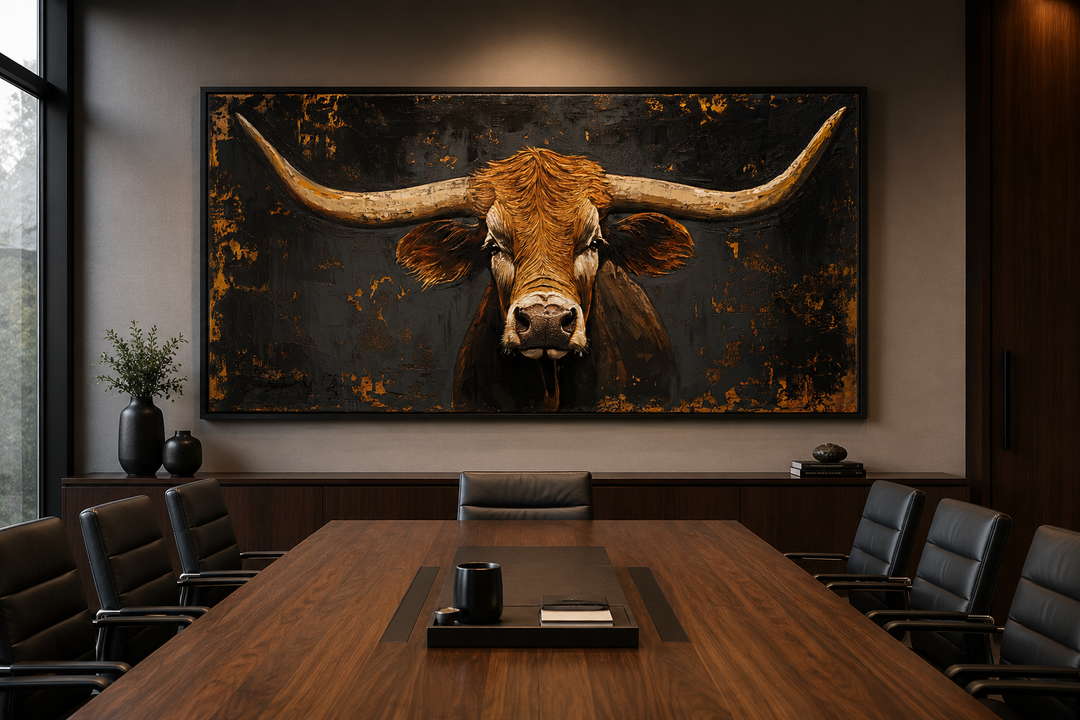 Extra large framed canvas wall art of a Texas longhorn cow in a modern conference room.