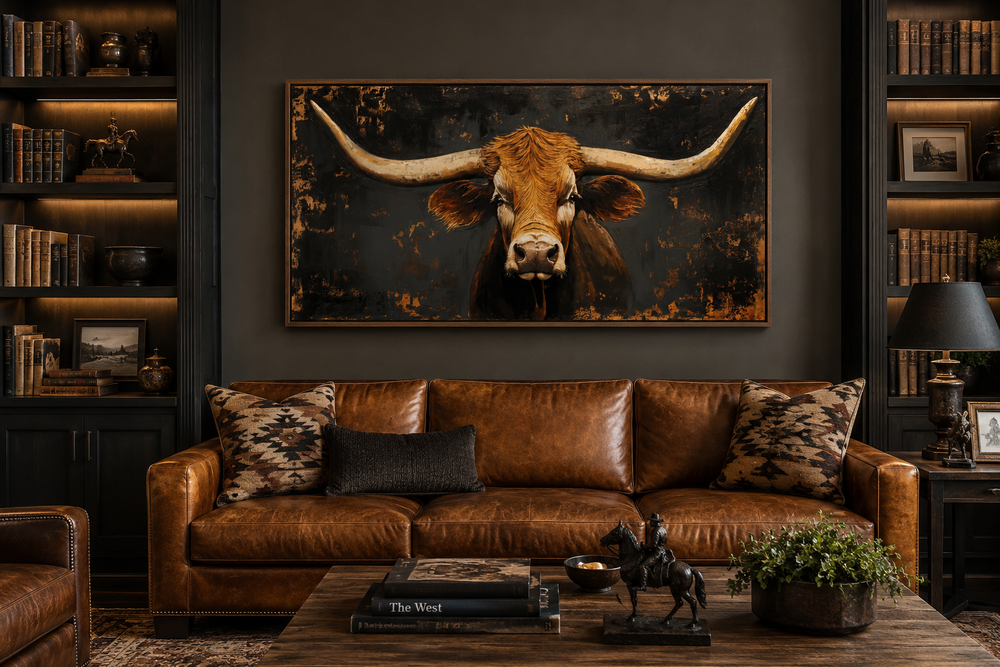 Extra large rustic Texas longhorn cow wall art framed above a brown leather sofa in a study.