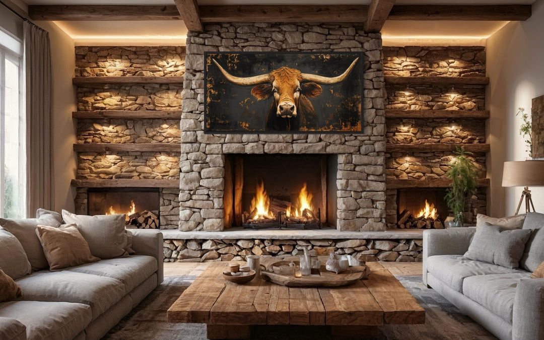Extra large rustic Texas longhorn cow canvas wall art hanging above a stone fireplace.