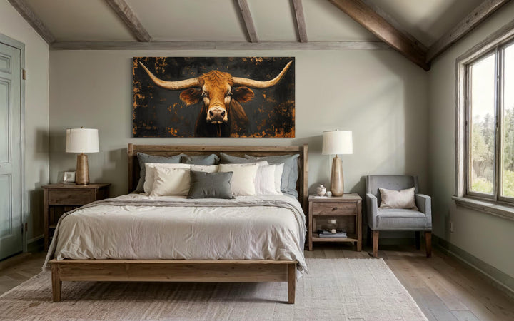 Extra large rustic Texas longhorn cow wall art hanging above a bed in a western-style bedroom.