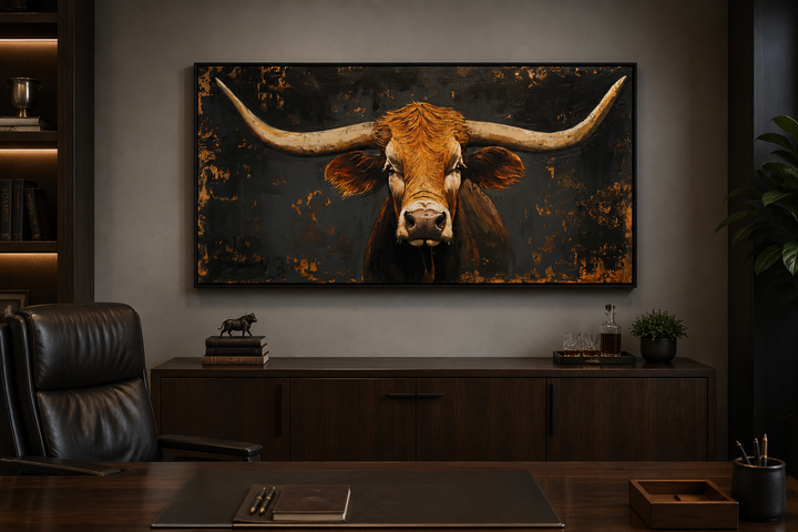 Rustic Texas longhorn cow extra large framed wall art hanging in a dark wood office setting.