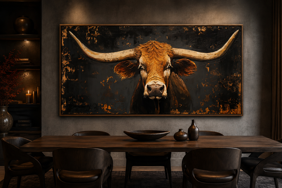 Extra large framed canvas print of a rustic Texas longhorn cow in a dark, modern dining room.