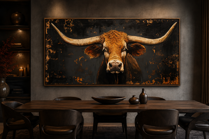 Extra large framed canvas print of a rustic Texas longhorn cow in a dark, modern dining room.