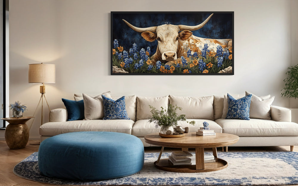 Rustic Texas Longhorn Cow In Bluebonnets Field Framed Canvas Wall Art in blue living room