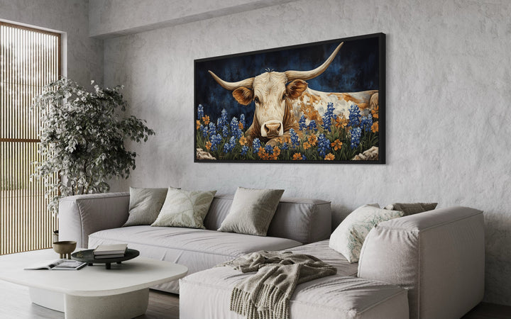 Rustic Texas Longhorn Cow In Bluebonnets Field Framed Canvas Wall Art