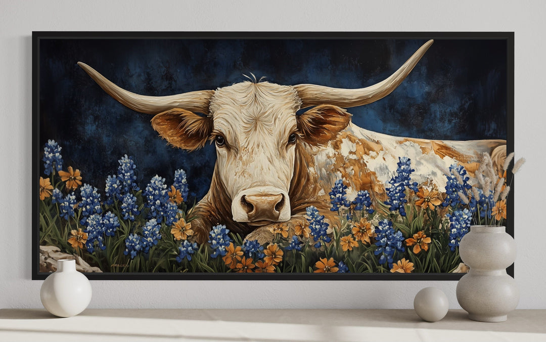 Rustic Texas Longhorn Cow In Bluebonnets Field Framed Canvas Wall Art