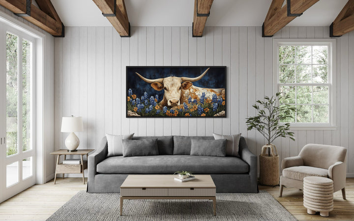 Rustic Texas Longhorn Cow In Bluebonnets Field Framed Canvas Wall Art