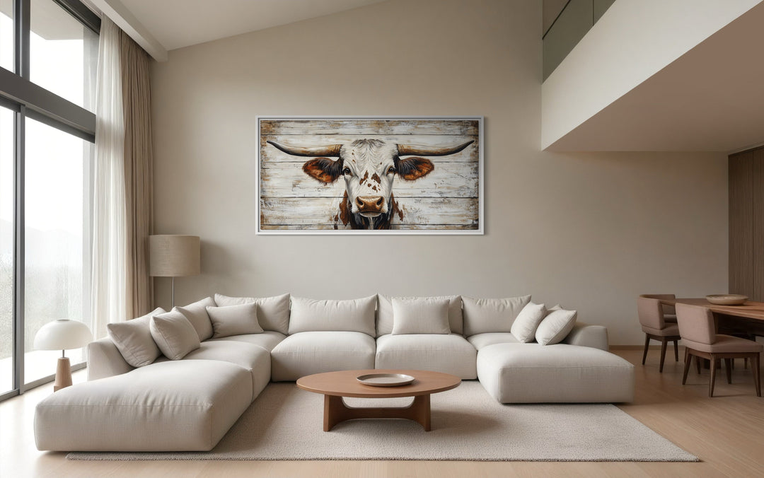 Rustic Texas Longhorn On Black Wood Background Framed Canvas Wall Art