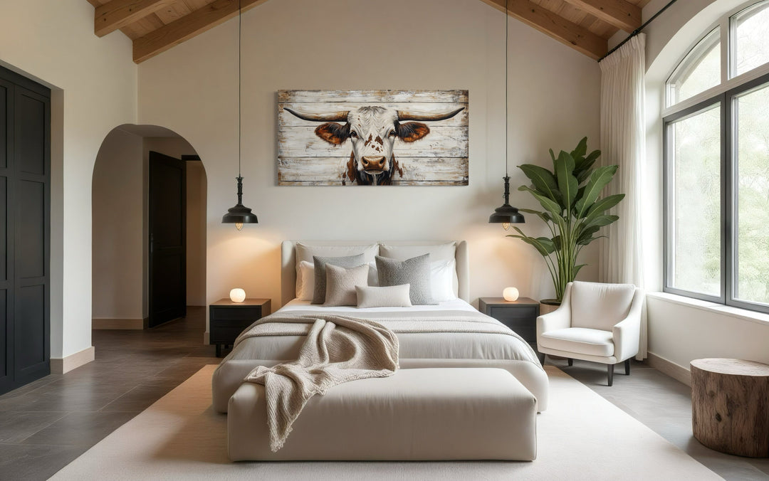 Rustic Texas Longhorn On Black Wood Background Framed Canvas Wall Art