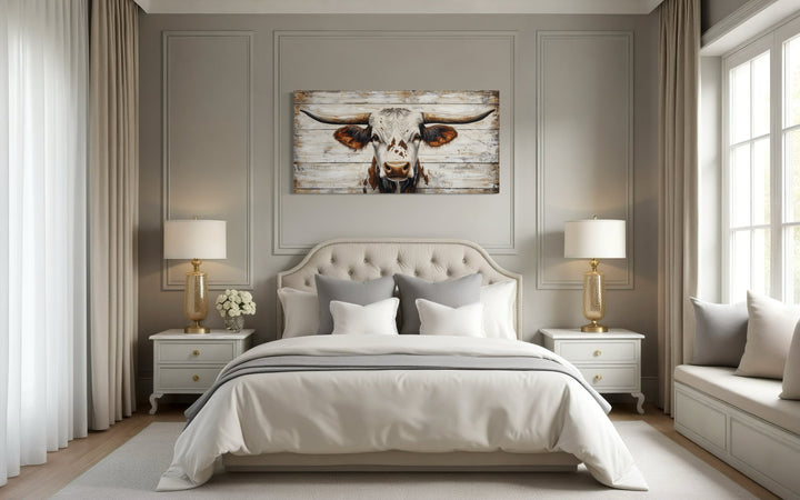 Rustic Texas Longhorn On Black Wood Background Framed Canvas Wall Art