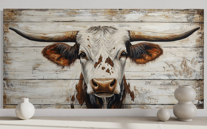 Rustic Texas Longhorn On Black Wood Background Framed Canvas Wall Art