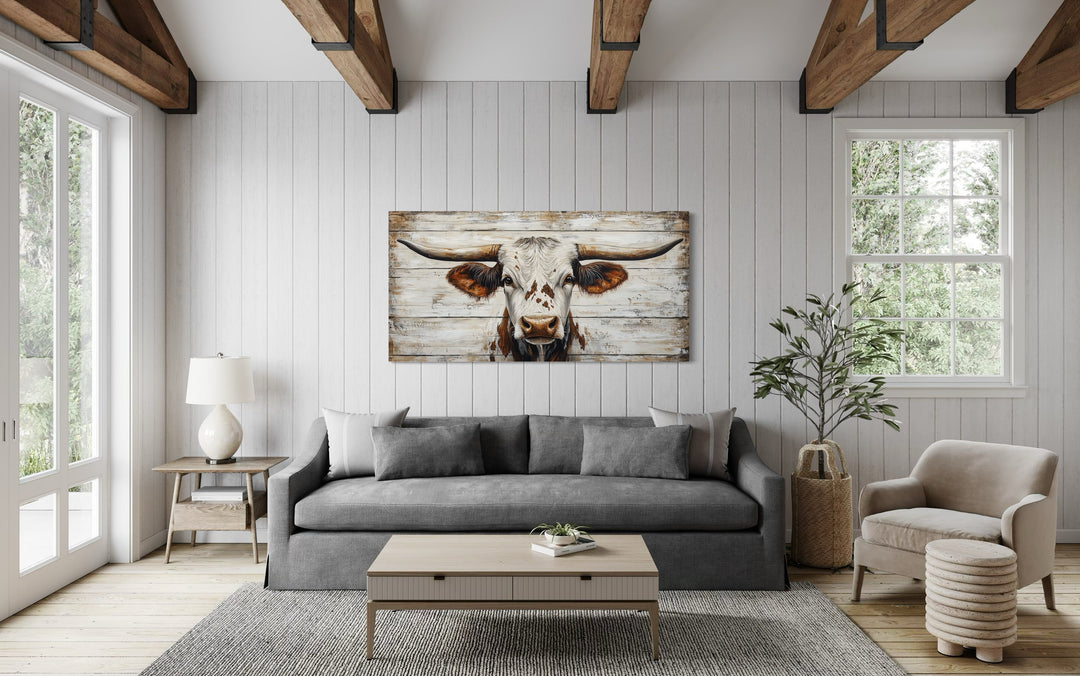 Rustic Texas Longhorn On Black Wood Background Framed Canvas Wall Art