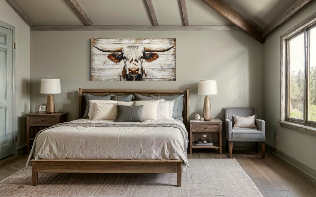 Rustic Texas Longhorn On Black Wood Background Framed Canvas Wall Art