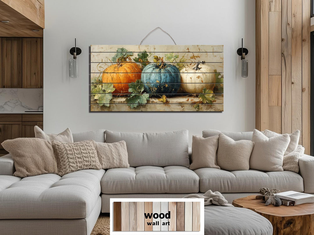 Rustic Three Pumpkins Distressed Wood Autumn Wall Art For Dining Room Or Kitchen
