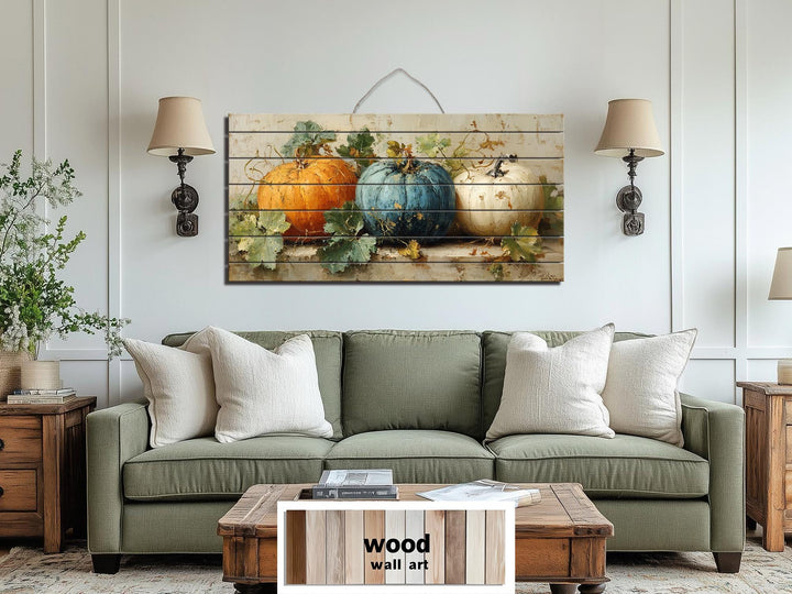 Rustic Three Pumpkins Distressed Wood Autumn Wall Art For Dining Room Or Kitchen