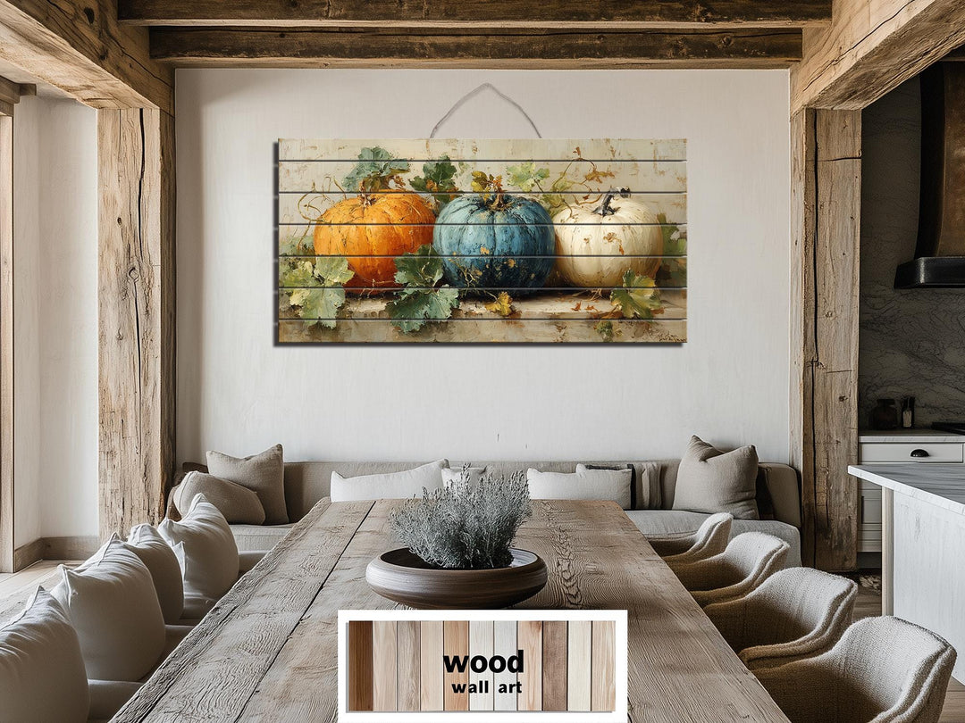 Rustic Three Pumpkins Distressed Wood Autumn Wall Art For Dining Room Or Kitchen