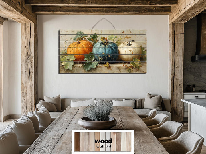 Rustic Three Pumpkins Distressed Wood Autumn Wall Art For Dining Room Or Kitchen