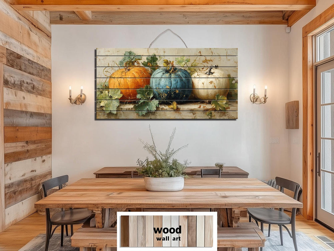 Rustic Three Pumpkins Distressed Wood Autumn Wall Art For Dining Room Or Kitchen
