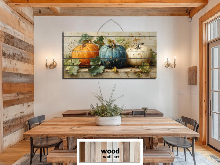 Rustic Three Pumpkins Distressed Wood Autumn Wall Art For Dining Room Or Kitchen