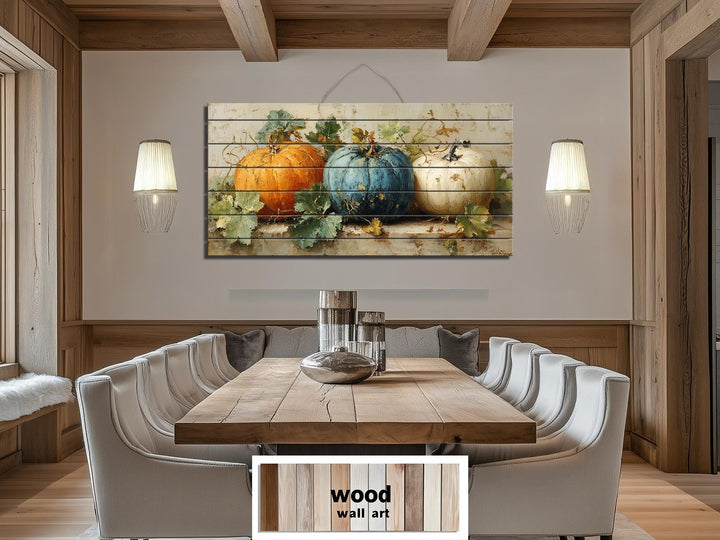 Rustic Three Pumpkins Distressed Wood Autumn Wall Art For Dining Room Or Kitchen