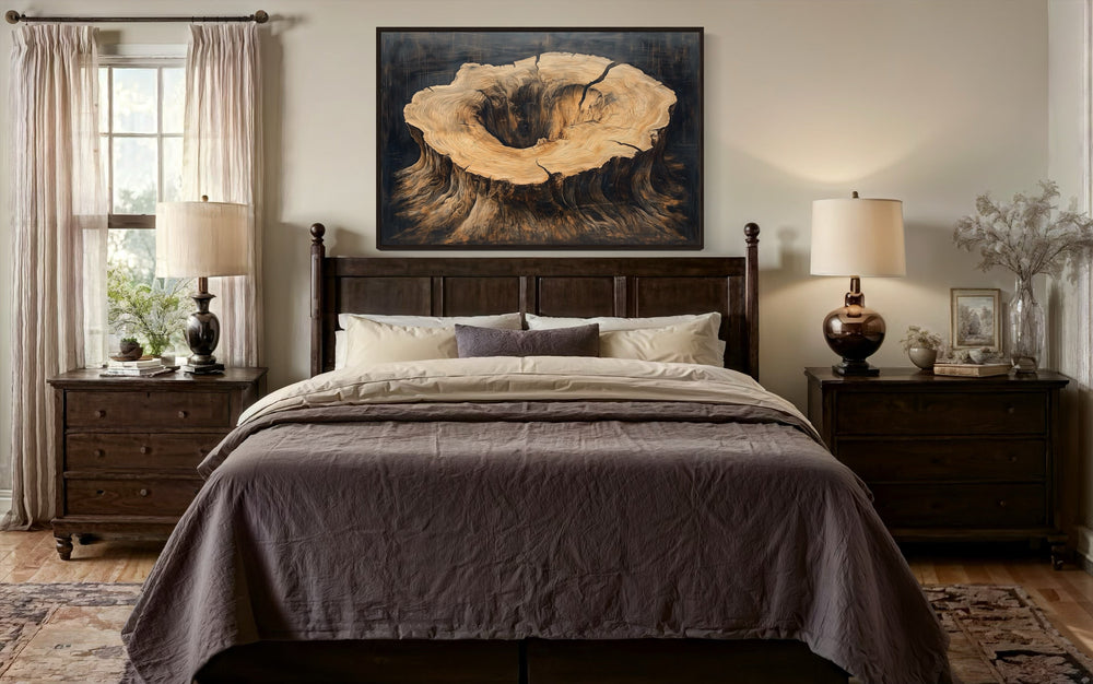 Framed canvas wall art featuring a detailed cross-section of a tree stump with natural wood rings.