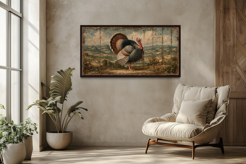 Rustic turkey canvas art with autumn farmhouse wall decor.