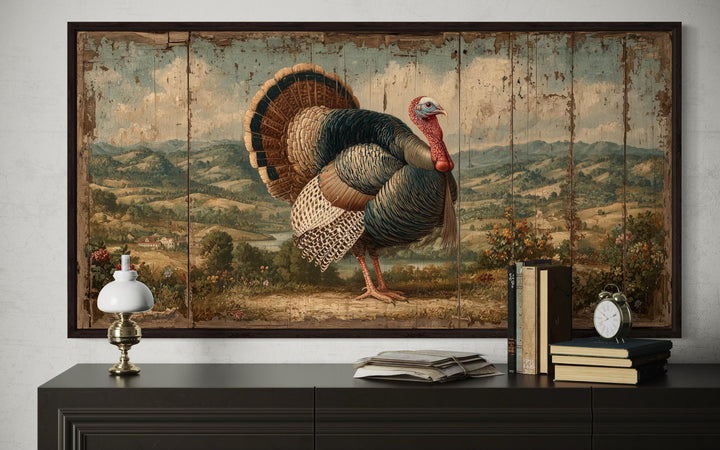 Rustic turkey canvas art with a vintage farmhouse style.