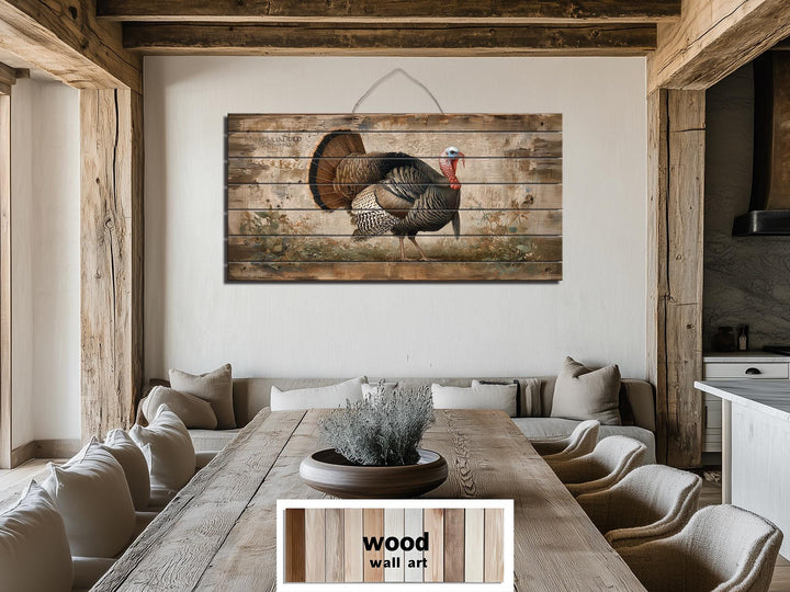 Rustic Turkey distressed wood wall art with a proud turkey on a weathered wood background.