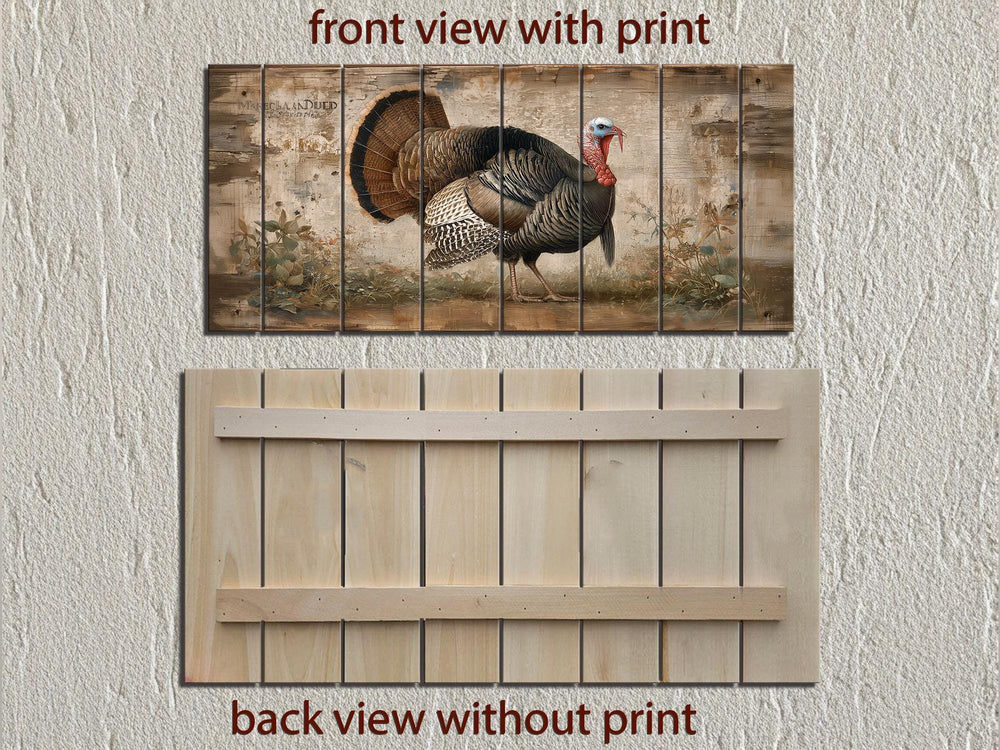 Rustic Turkey distressed wood wall art with a full-feathered turkey.