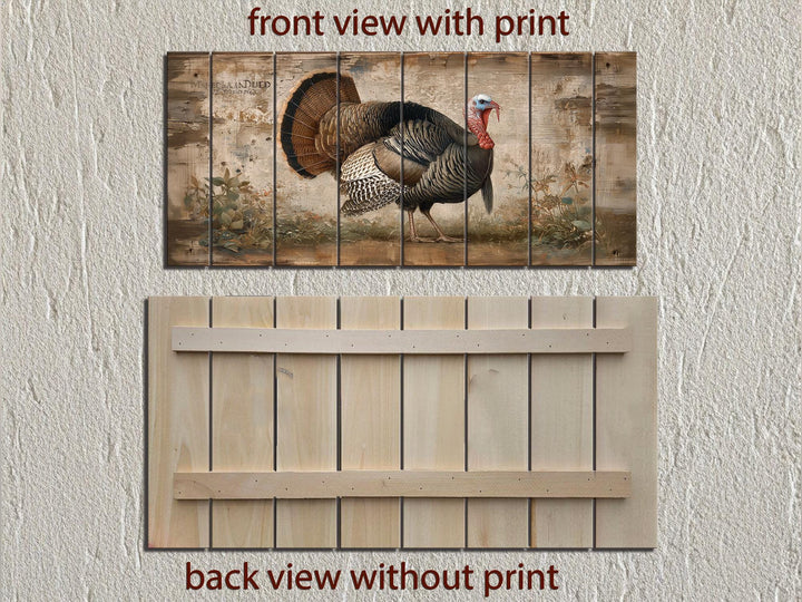 Rustic Turkey distressed wood wall art with a full-feathered turkey.