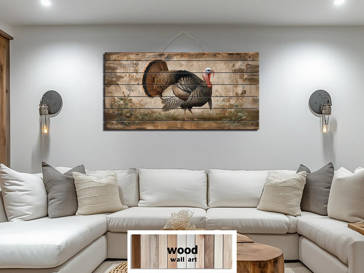 Rustic turkey distressed wood wall art with a proud turkey.