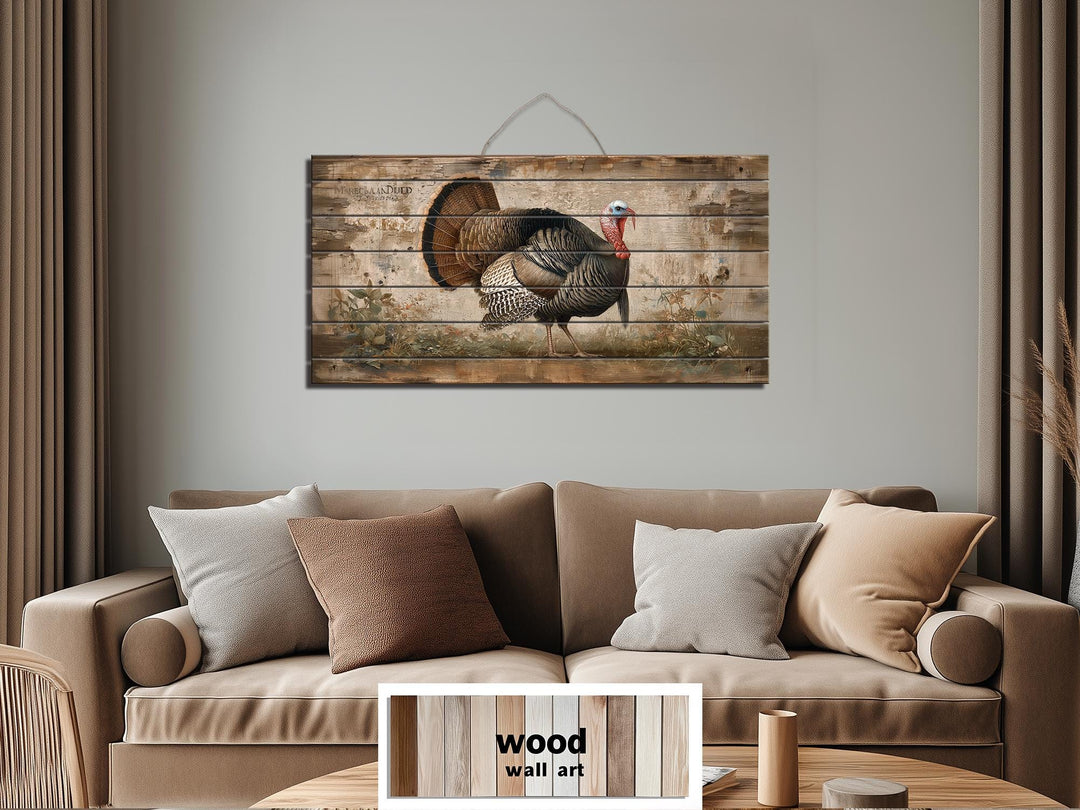 Rustic turkey distressed wood wall art with a proud turkey on weathered wood.