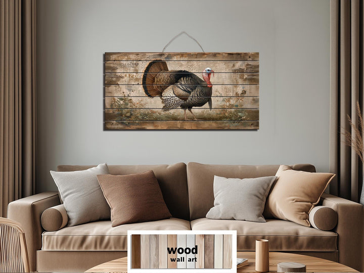 Rustic turkey distressed wood wall art with a proud turkey on weathered wood.