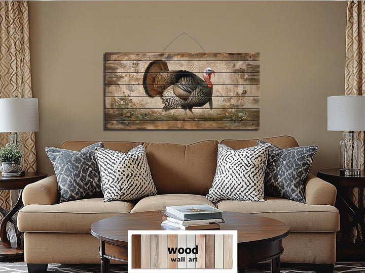 Rustic Turkey distressed wood wall art with a proud turkey on a weathered wood background.