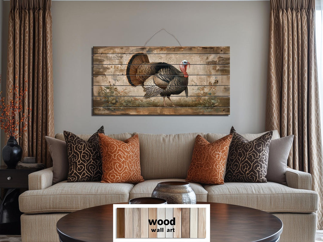 Rustic Turkey distressed wood wall art with a full-feathered turkey.