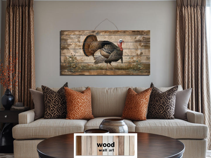 Rustic Turkey distressed wood wall art with a full-feathered turkey.