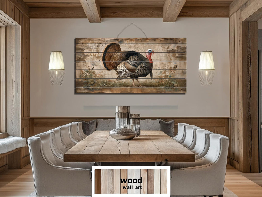 Rustic turkey distressed wood wall art with a proud turkey.