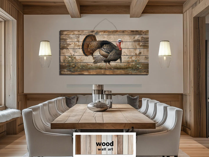 Rustic turkey distressed wood wall art with a proud turkey.