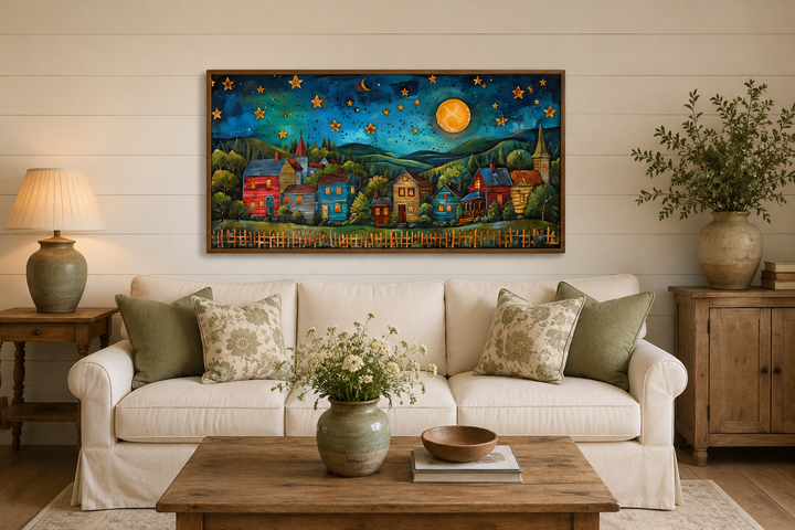 Rustic village wall art featuring a colorful rural landscape under a starry night sky and full moon.