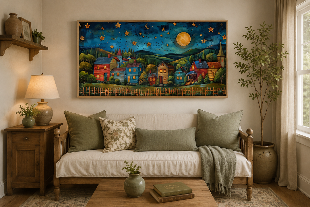 Rustic village wall art featuring a colorful rural landscape under a starry night sky and moon.