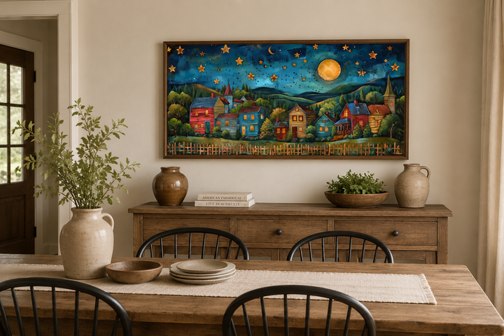 Rustic village wall art featuring a colorful rural landscape under a starry night sky and full moon.