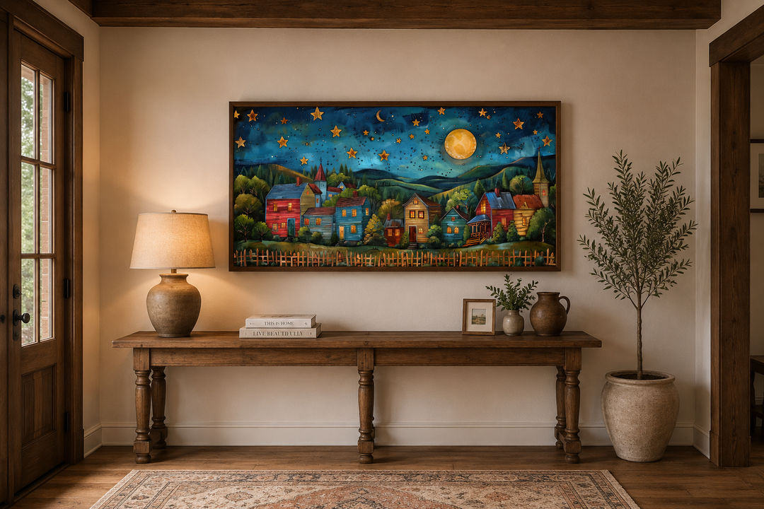 Rustic village wall art featuring a colorful rural landscape under a starry night sky and full moon.