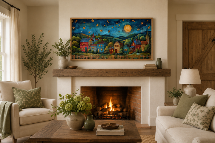 Rustic village wall art featuring a starry night and moon, displayed above a fireplace mantel.